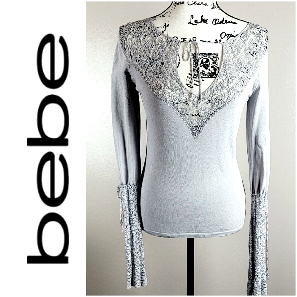 bebe Vintage Y2K Macrame Bell Sleeve Top in Frost